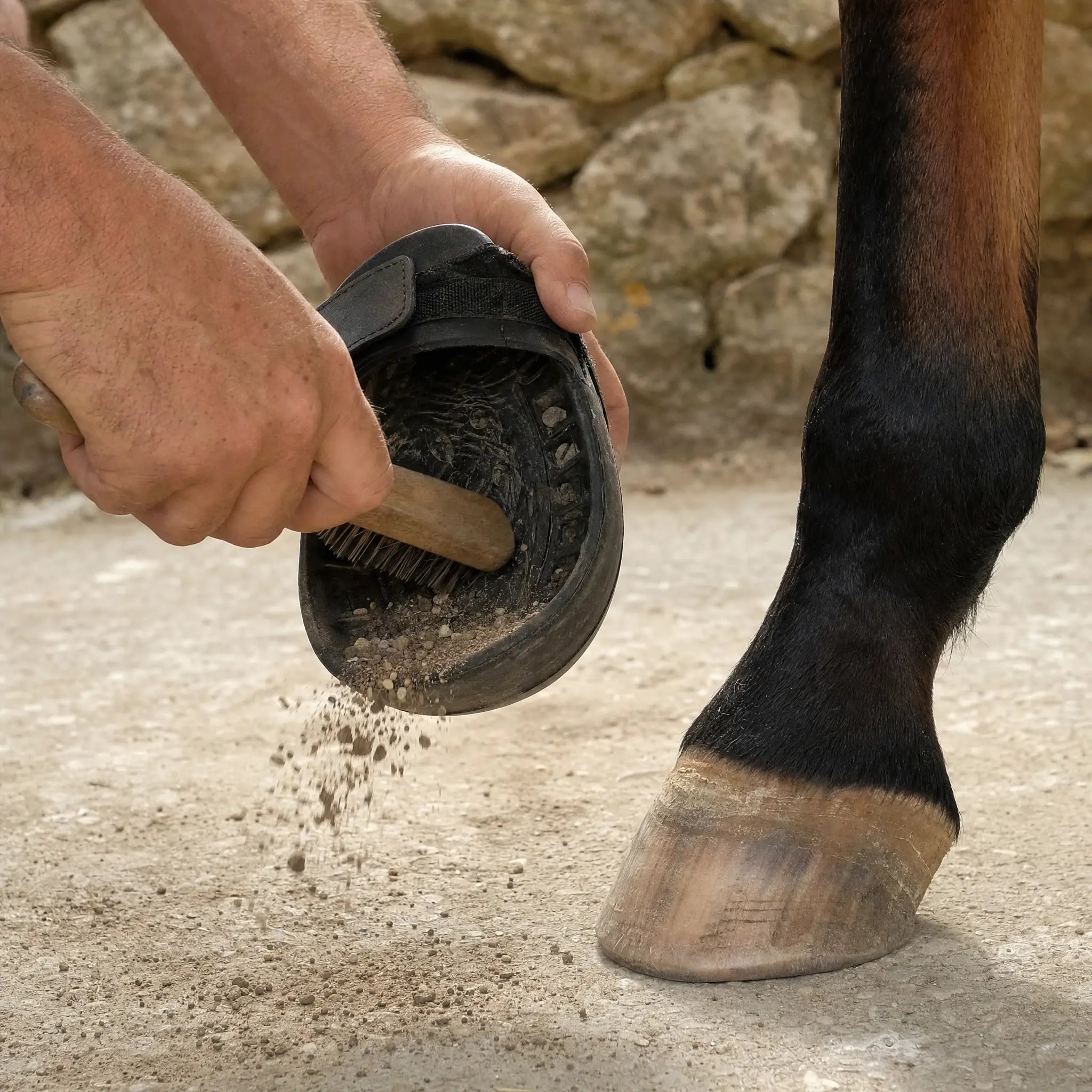 Brushing grit out of a hoof boot beside a bare hoof