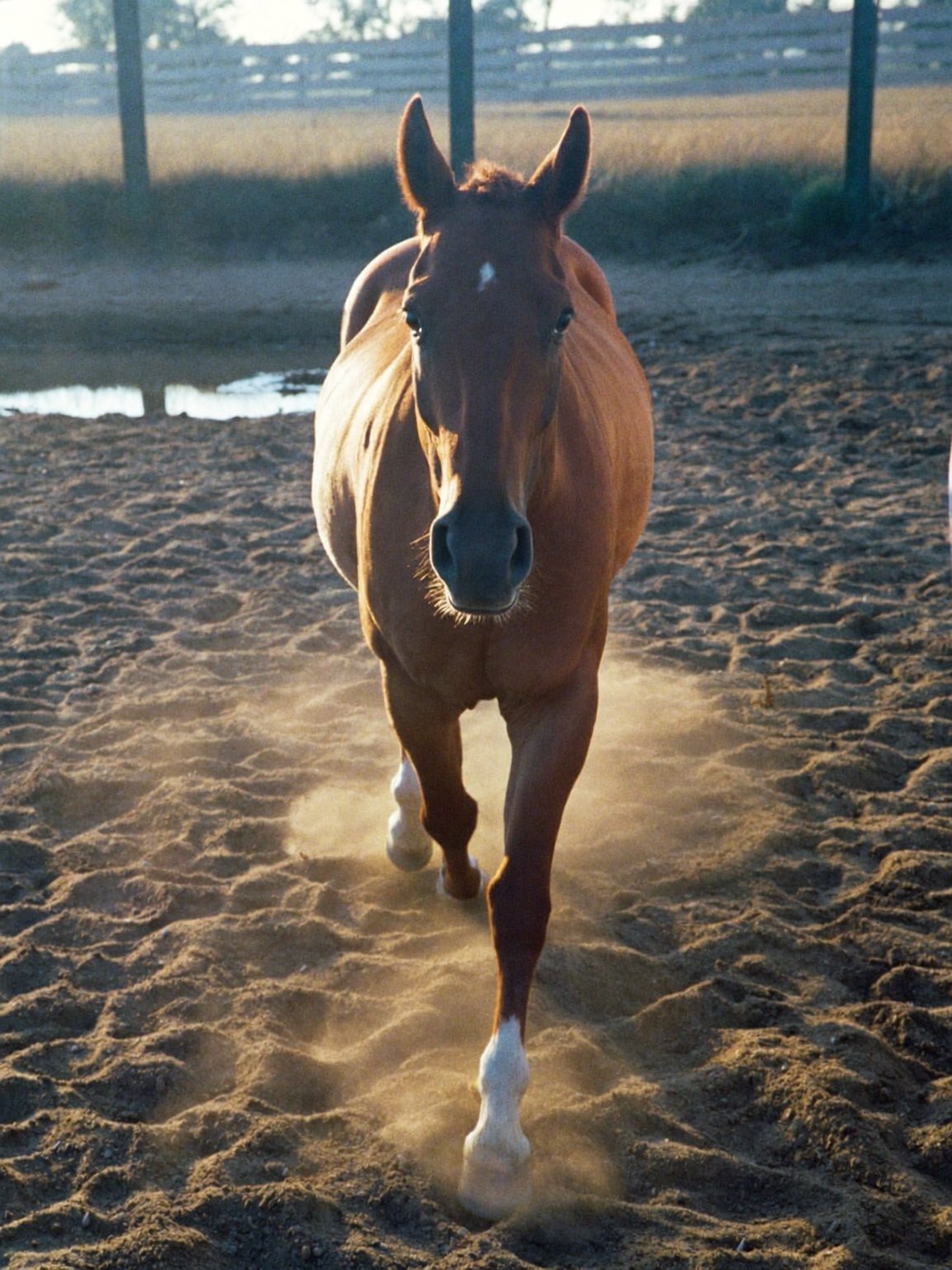 A chestnut horse walking through morning dust