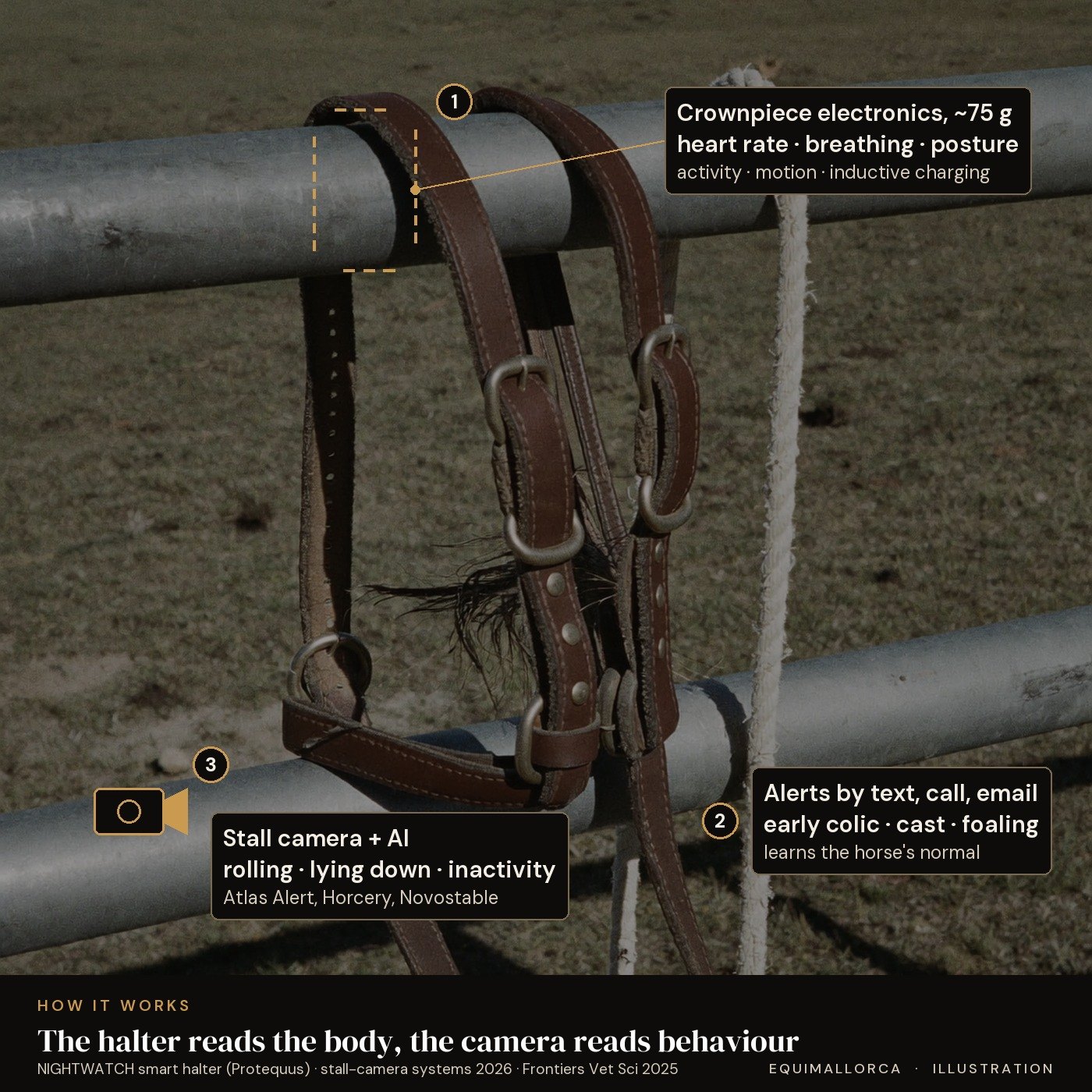 Illustration: the electronics in a smart halter crownpiece and a stall camera with AI