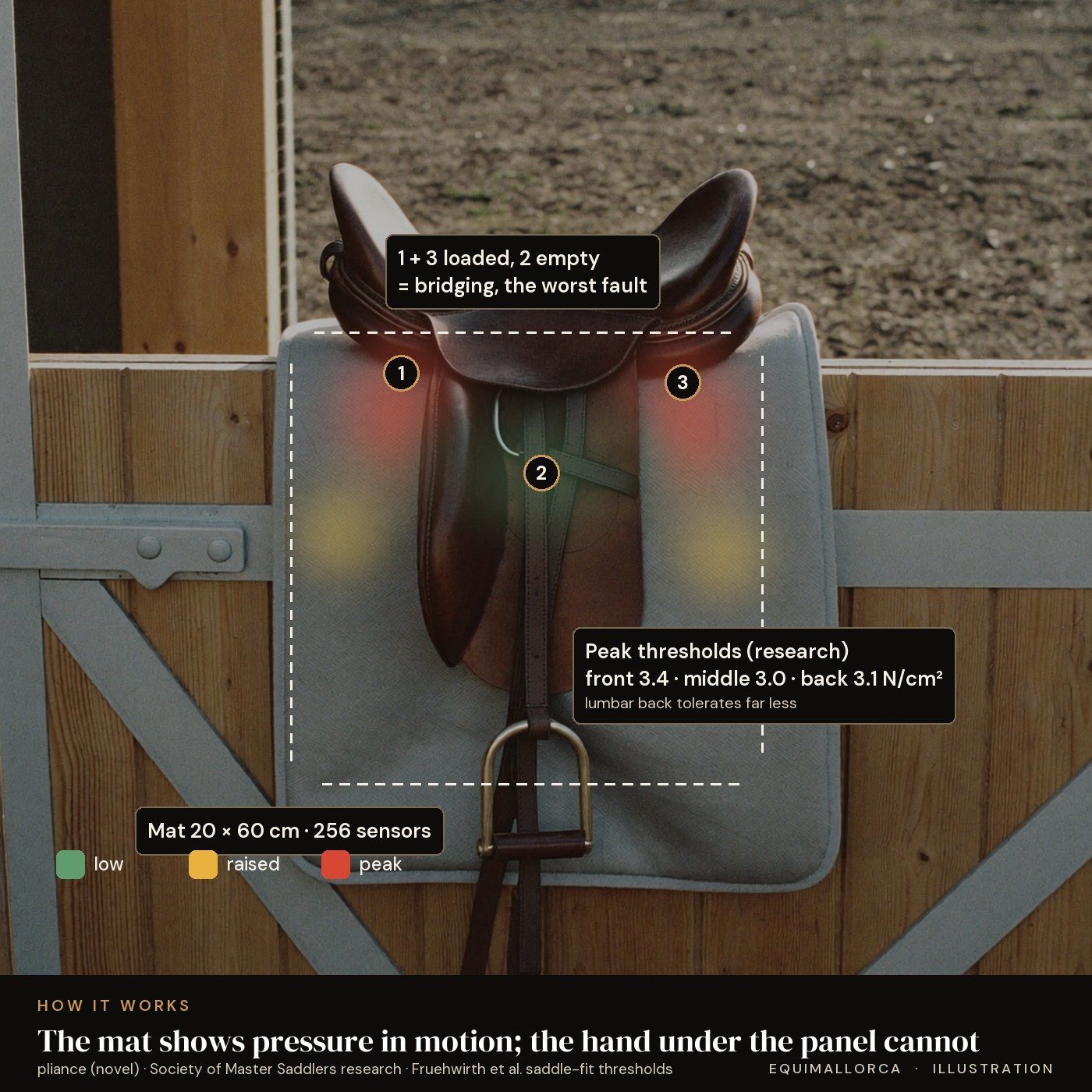 Illustration: a saddle pressure map showing bridging, with the research thresholds