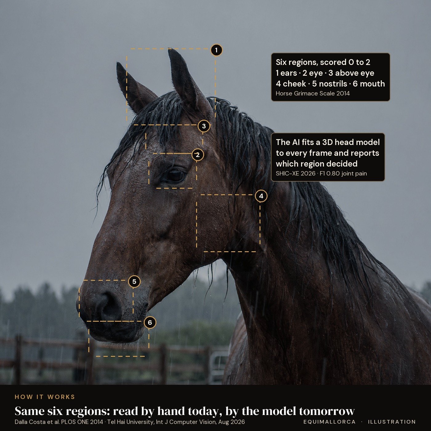 Illustration: the six Horse Grimace Scale regions on a horse face, as read by the AI