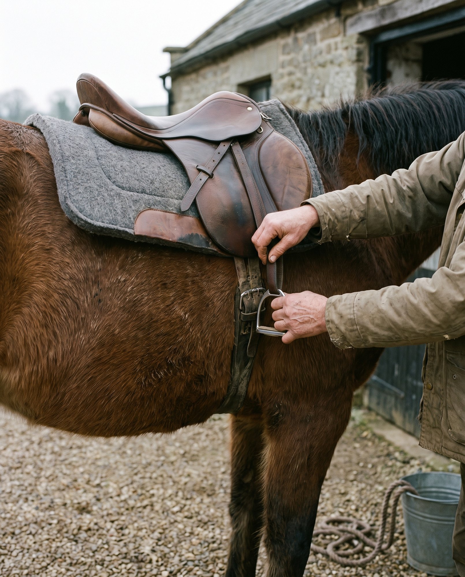 A girth being tightened on a bay horse
