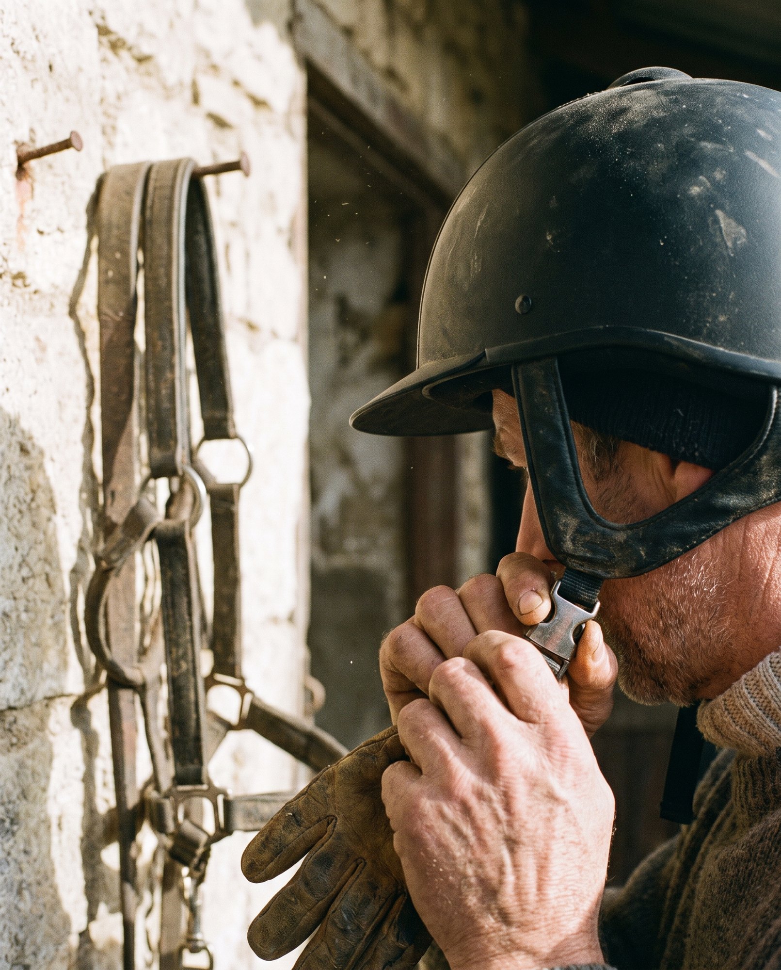 Bare hands fastening a helmet chin strap, gloves still in hand