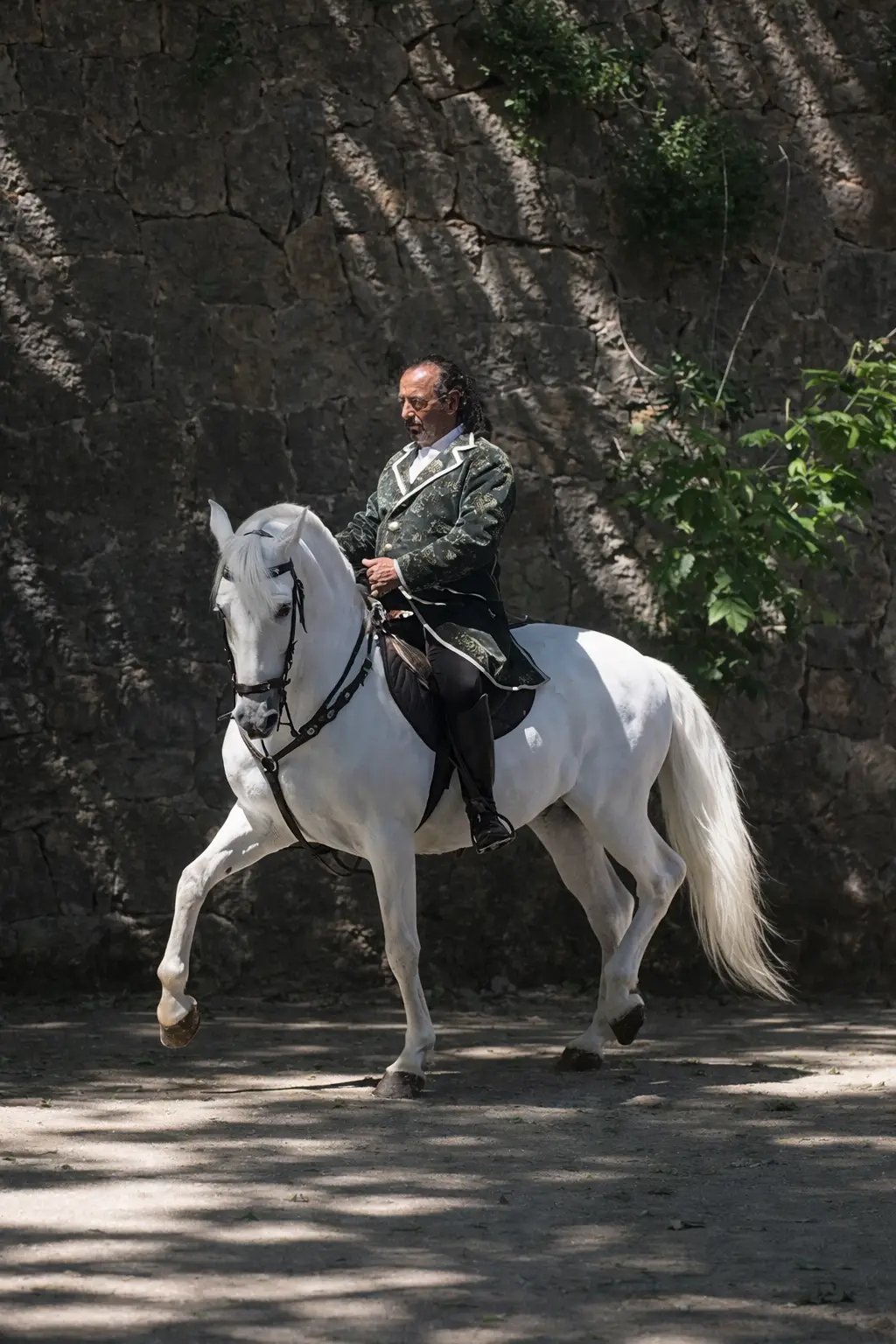 A rider in a period coat on a grey horse in collected trot