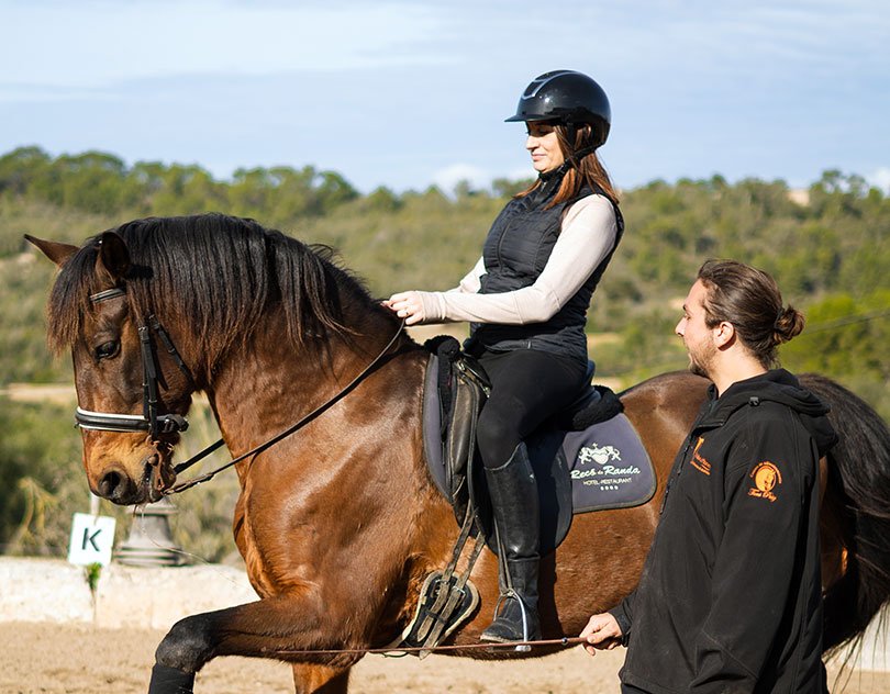 A rider on a bay horse in collection, the instructor beside them
