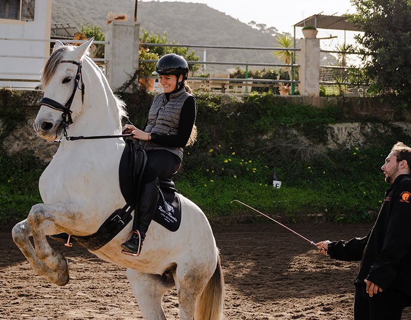 A grey horse rises into a levade under its rider while the instructor stands beside it with a long whip