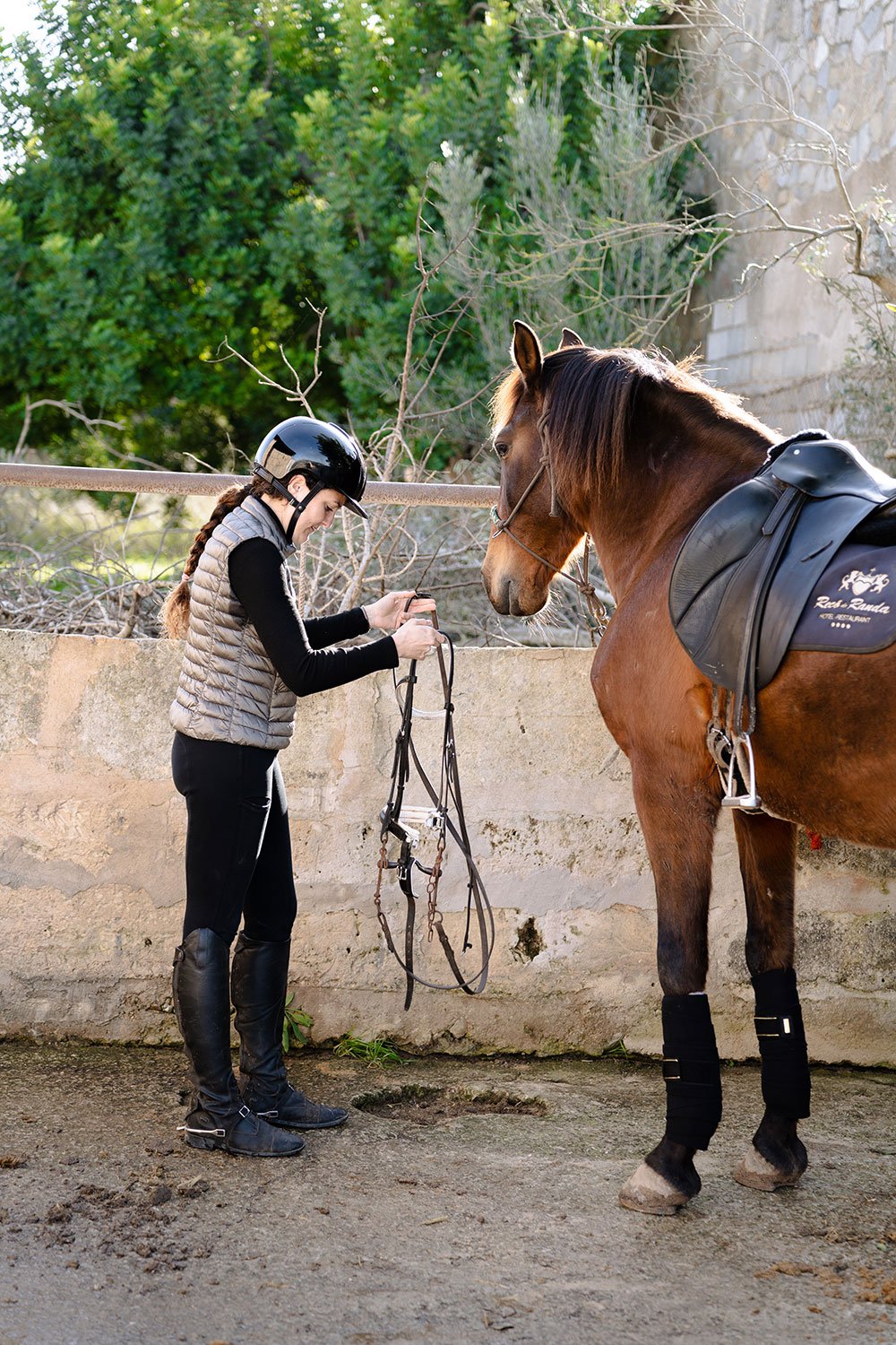 A rider prepares the bridle beside a saddled bay horse