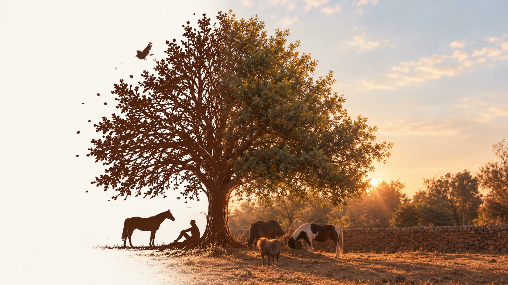 A carob tree at sunset with horses, a pony and a seated figure beneath it, Anima Lliure